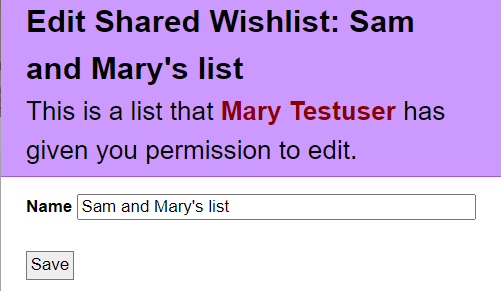 Edit page for a shared wishlist